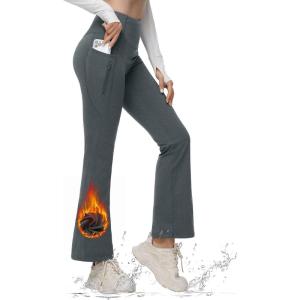 imageBALEAF Womens Fleece Lined Pants Water Resistant Winter Thermal Warm Flare Leggings Bell Bottom Yoga Pants with PocketsCharcoal