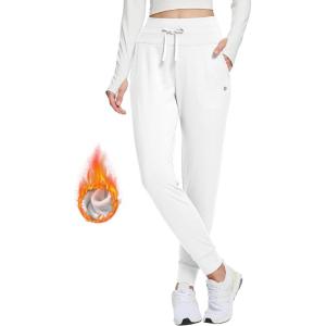 imageBALEAF Womens Fleece Lined Pants WaterResistant Sweatpants Winter Thermal Ski Hiking Running JoggersWhite