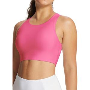 imageBALEAF Womens Swim Bra Modest High Neck Bikini Tops Quick Dry UPF 50Bathing Suit Sports Workout Removable PaddedPink