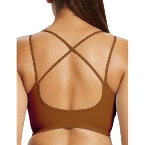 imagebaleaf Freeleaf Womens Sports Bra Longline Molded Cup Yoga Bra Thin Strap Low Impact Workout Crop Tank TopsBrown