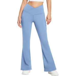 imagebaleaf Womens Fleece Lined Pants Winter Thermal Warm Flare Leggings Crossover Yoga Pants Bell Bottom with Pockets32steam Blue