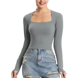 imagebaleaf Womens Long Sleeve Workout Tops Athletic Crop Top Running Slim Fit Gym Yoga ShirtsSquaresmoked Pearl