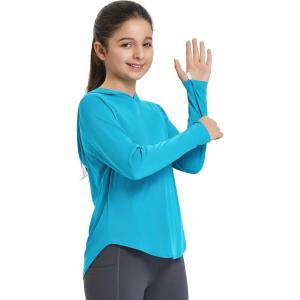 imagebaleaf Girls Sun Shirt UPF50 UV Protection Long Sleeve Kids SPF Athletic Hoodie Rash Guard Tops ClothingAqua Blue