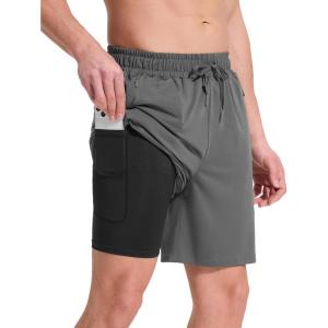 imagebaleaf Mens Swim Trunks with Compression Liner 5 ampamp 7 inch Quick Dry Bathing Suit Swim Shorts with Zippered PocketsDark Gray