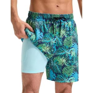 imagebaleaf Mens Swim Trunks with Compression Liner 5 ampamp 7 inch Quick Dry Bathing Suit Swim Shorts with Zippered PocketsGreen Tropical