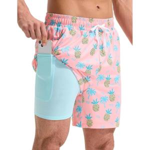 imagebaleaf Mens Swim Trunks with Compression Liner 5 ampamp 7 inch Quick Dry Bathing Suit Swim Shorts with Zippered PocketsPink Pineapple