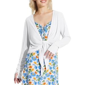 imagebaleaf Womens 2025 UPF 50 Cropped Cover Up Cardigan Tie Front Lightweight Summer Sun Wrap SPF Shirts Beach OutdoorWhitelong Sleeve
