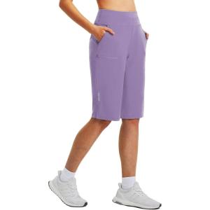 imagebaleaf Womens 14 Long Shorts Knee Length Capris Quick Dry Lightweight Cargo Hiking Cycling Zipper Pockets UPF 50Dark Purple