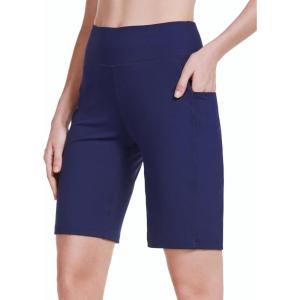 imagebaleaf Womens 10quot Long Bermuda Shorts Above Knee Length with 3 Pockets Walking Athletic Workout High Rise Yoga RunningNavy Blue