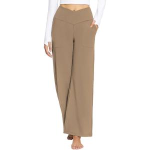 imagebaleaf Womens Wide Leg Dress Pants Stretch High Waist Yoga Pants Casual Slacks Pockets Pull On Travel Petite Plus SizeCocoa Brown
