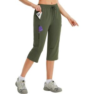 imagebaleaf Womens 15quot Long Shorts Below The Knee Capri Hiking Cargo Shorts Lightweight Quick Dry Elastic Waist for Casual17indark Army Green