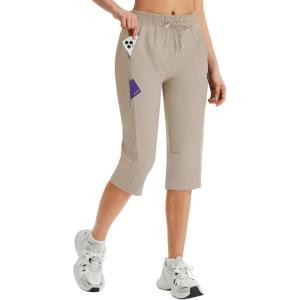 imagebaleaf Womens 15quot Long Shorts Below The Knee Capri Hiking Cargo Shorts Lightweight Quick Dry Elastic Waist for Casual17inlight Khaki