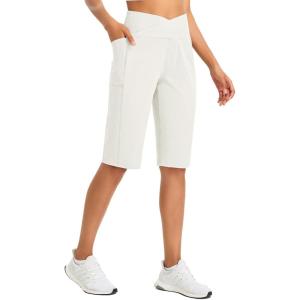 imagebaleaf Womens Bermuda Long Shorts 14quot Knee Length Capris High Waisted Athletic Shorts with Pockets Summer Stretch LooseWhite