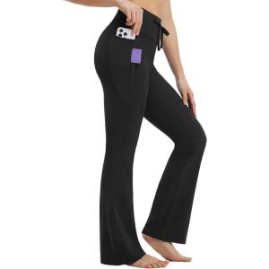 imagebaleaf Womens Flare Yoga Pants with Zipper Pockets Drawstring Flared Leggings Tummy Control High Waist Bell BottomBlack