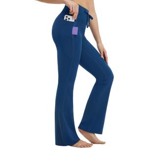 imagebaleaf Womens Flare Yoga Pants with Zipper Pockets Drawstring Flared Leggings Tummy Control High Waist Bell BottomNavy Blue