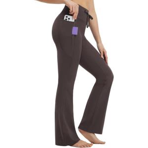 imagebaleaf Womens Flare Yoga Pants with Zipper Pockets Drawstring Flared Leggings Tummy Control High Waist Bell BottomSeal Brown