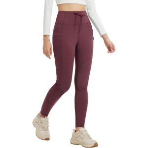 imagebaleaf Womens Fleece Lined Leggings Hiking Ripstop Water Resistant Pants with Zipper Pockets Thermal Warm Winter TightsWine Red