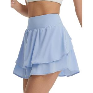 imagebaleaf Womens Tennis Skirts 14quot Golf Skorts with Pockets Double Ruffle High Waisted Athletic Skirt with Liner ShortsLight Blue