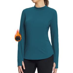 imagebaleaf Womens Thermal Shirts Fleece Lined Tops Long Sleeve Mock Neck Cold Weather Running Workout Gear Pocket ThumbholeBlueside Pocket