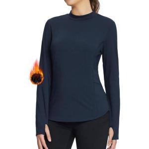 imagebaleaf Womens Thermal Shirts Fleece Lined Tops Long Sleeve Mock Neck Cold Weather Running Workout Gear Pocket ThumbholeNavyside Pocket