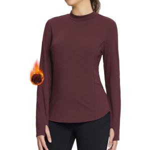 imagebaleaf Womens Thermal Shirts Fleece Lined Tops Long Sleeve Mock Neck Cold Weather Running Workout Gear Pocket ThumbholeWine Redside Pocket