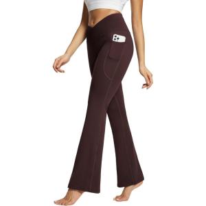 imagebaleaf Womens V Crossover Flare Leggings with Pockets Yoga Pants High Waist Casual Workout Gym Bell Bottom LeggingsBrown