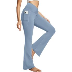 imagebaleaf Womens V Crossover Flare Leggings with Pockets Yoga Pants High Waist Casual Workout Gym Bell Bottom LeggingsLight Blue