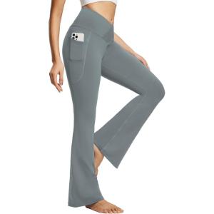imagebaleaf Womens V Crossover Flare Leggings with Pockets Yoga Pants High Waist Casual Workout Gym Bell Bottom LeggingsLight Grey