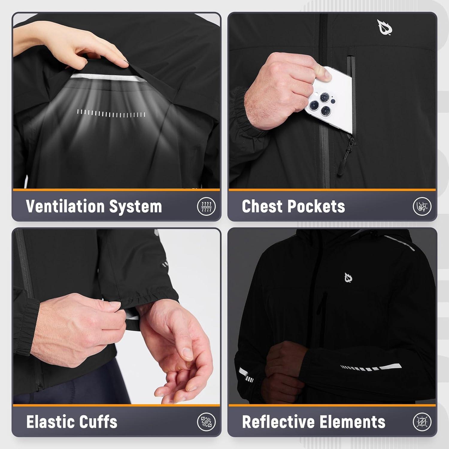 imagebaleaf Mens Rain Jacket Waterproof Windbreaker Raincoat Running Cycling Hiking Gear Hood Lightweight Reflective PackableBblack