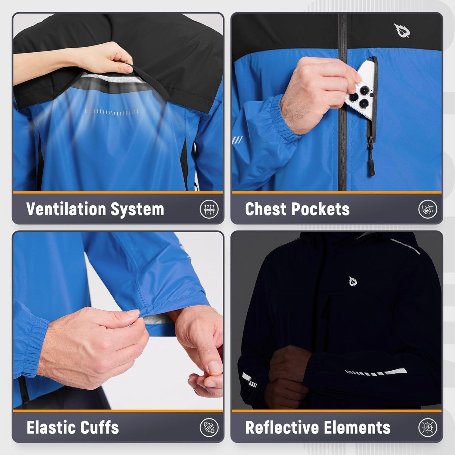 imagebaleaf Mens Rain Jacket Waterproof Windbreaker Raincoat Running Cycling Hiking Gear Hood Lightweight Reflective PackableBblue Black