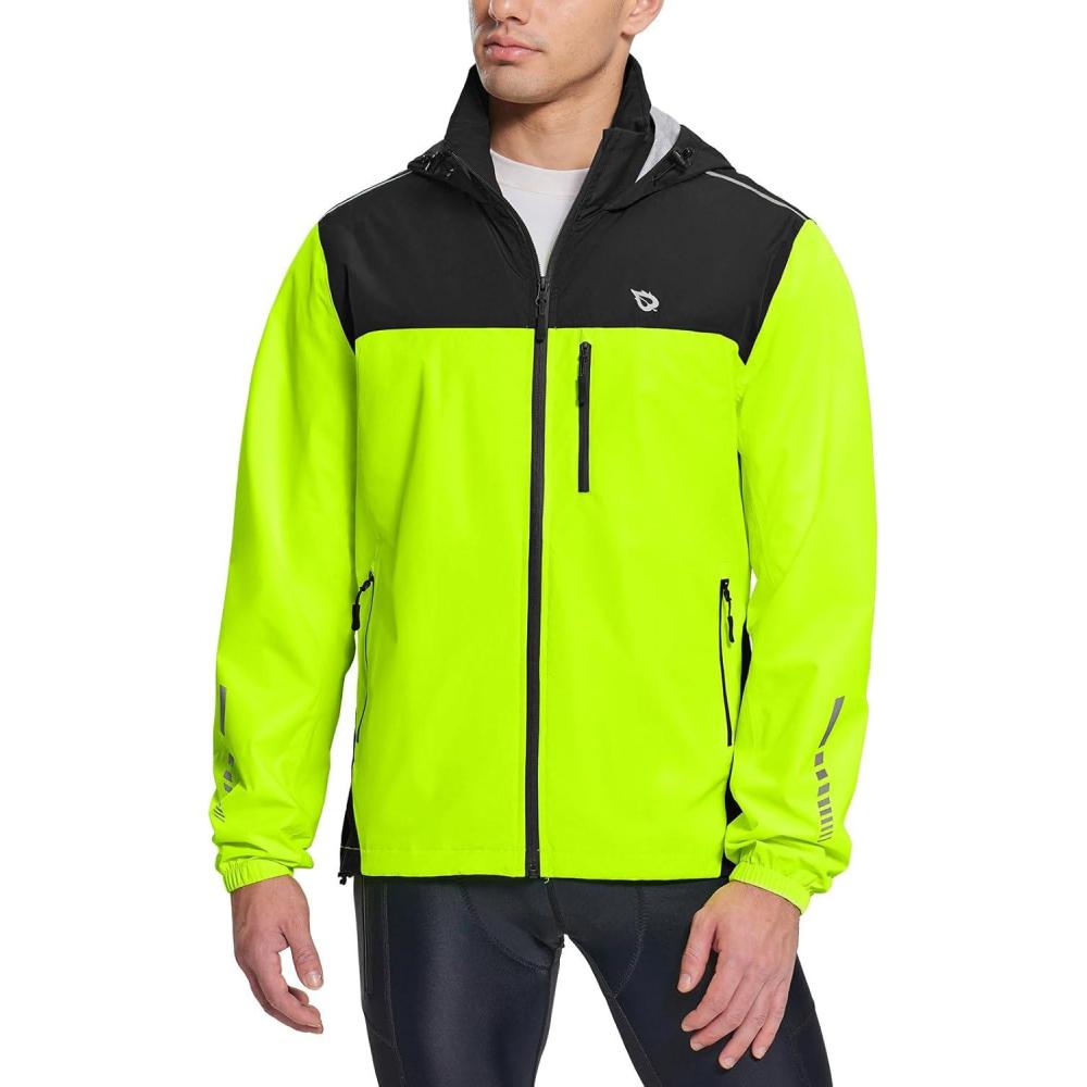 imagebaleaf Mens Rain Jacket Waterproof Windbreaker Raincoat Running Cycling Hiking Gear Hood Lightweight Reflective PackableBgreen Black
