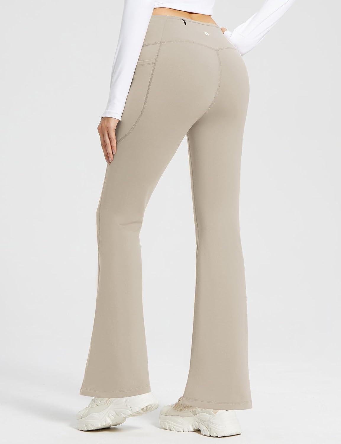 imageBALEAF Womens Fleece Lined Pants Winter Thermal Warm Hiking Yoga Pants with Zipper Pockets Bootcut High Waist Flare LeggingsKhaki