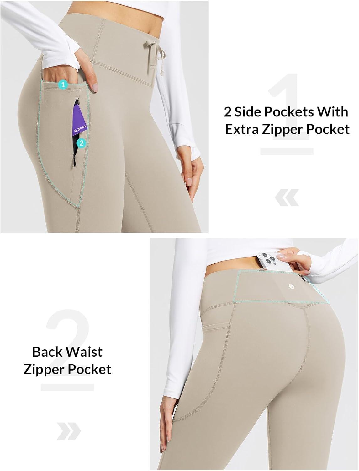 imageBALEAF Womens Fleece Lined Pants Winter Thermal Warm Hiking Yoga Pants with Zipper Pockets Bootcut High Waist Flare LeggingsKhaki