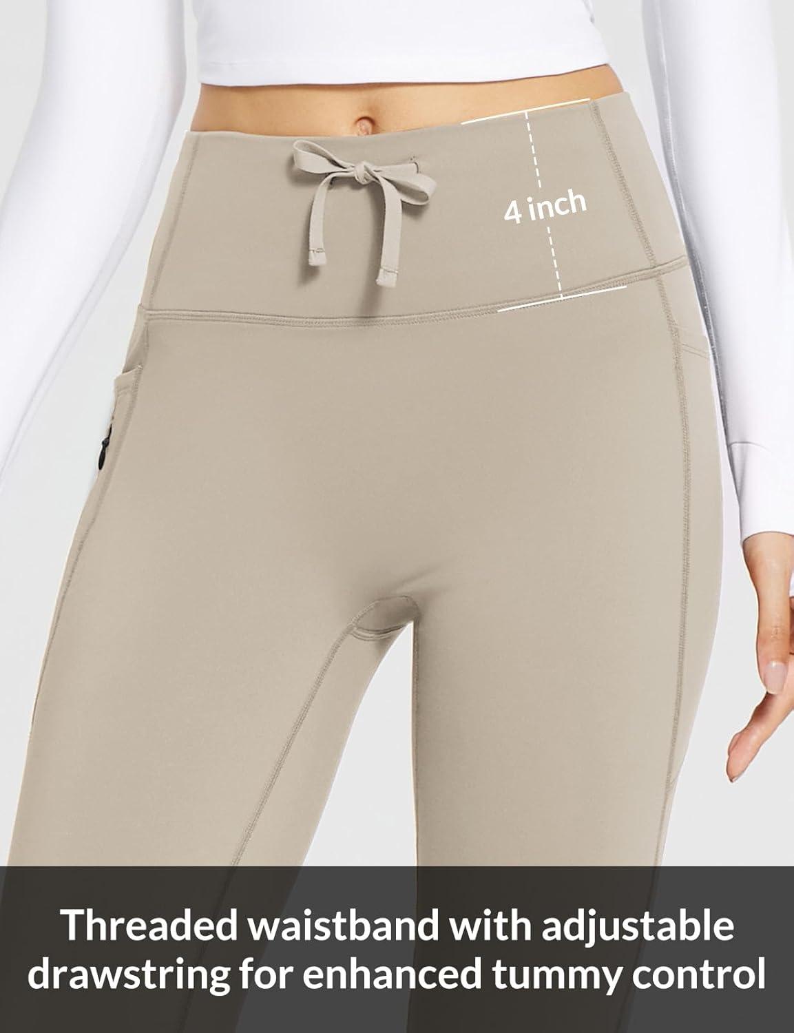 imageBALEAF Womens Fleece Lined Pants Winter Thermal Warm Hiking Yoga Pants with Zipper Pockets Bootcut High Waist Flare LeggingsKhaki