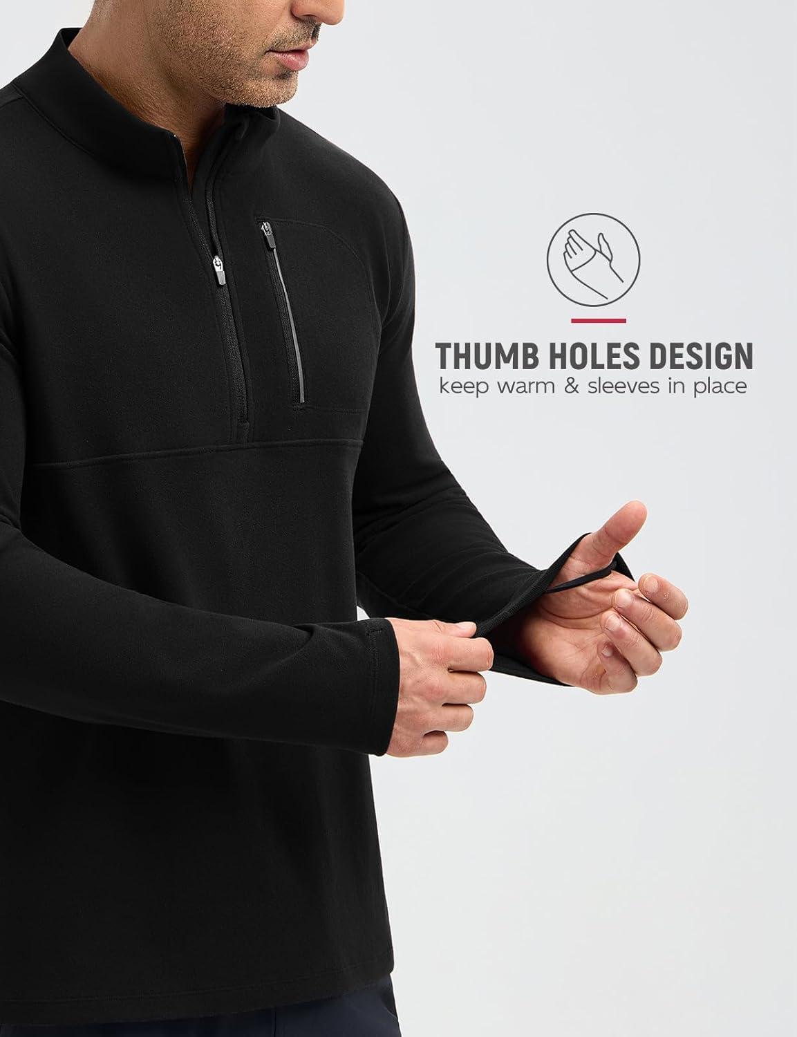 imagebaleaf Mens Long Sleeve Fleece Quarter Zip Pullover Sweatshirt with Zipper Pocket Reflective Strip Running Golf CausalBlack