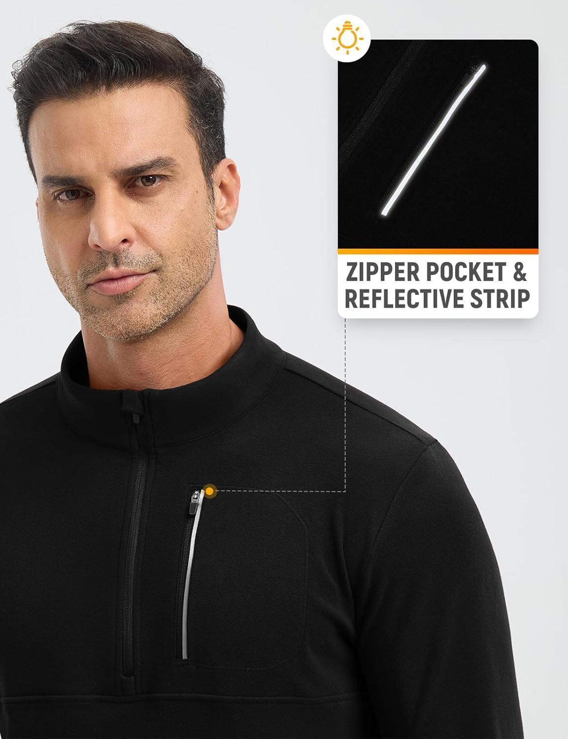 imagebaleaf Mens Long Sleeve Fleece Quarter Zip Pullover Sweatshirt with Zipper Pocket Reflective Strip Running Golf CausalBlack