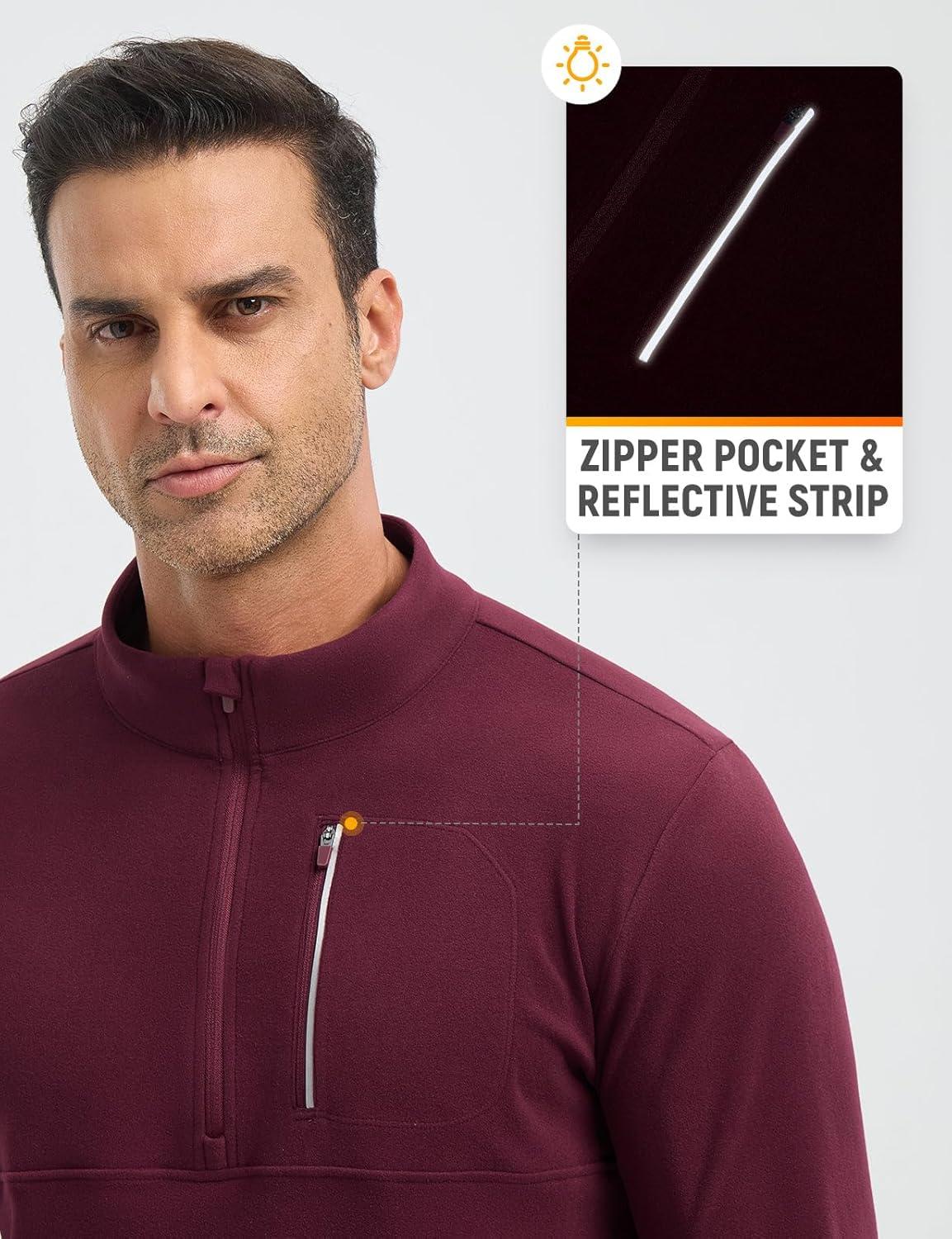 imagebaleaf Mens Long Sleeve Fleece Quarter Zip Pullover Sweatshirt with Zipper Pocket Reflective Strip Running Golf CausalWine Red