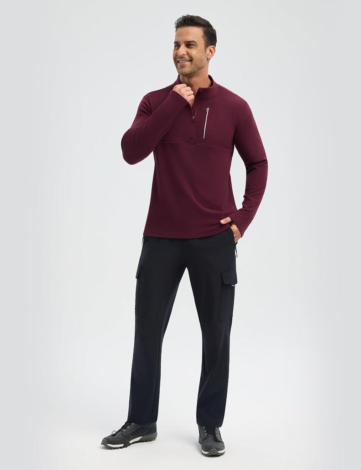 imagebaleaf Mens Long Sleeve Fleece Quarter Zip Pullover Sweatshirt with Zipper Pocket Reflective Strip Running Golf CausalWine Red