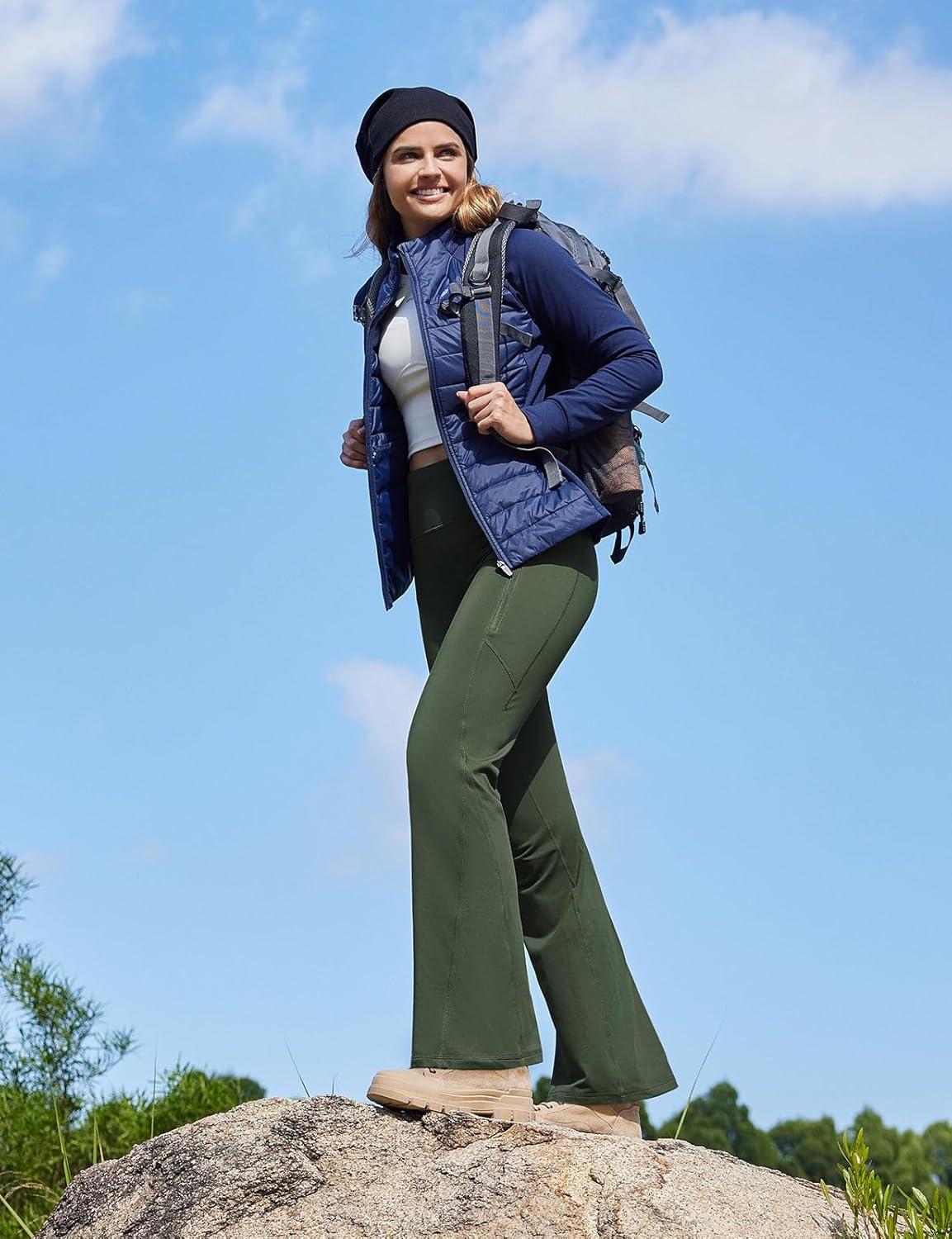 imagebaleaf Womens Fleece Lined Pants Winter Thermal Water Resistant Crossover Flare Leggings Warm Bootcut Hiking OutdoorArmy Green