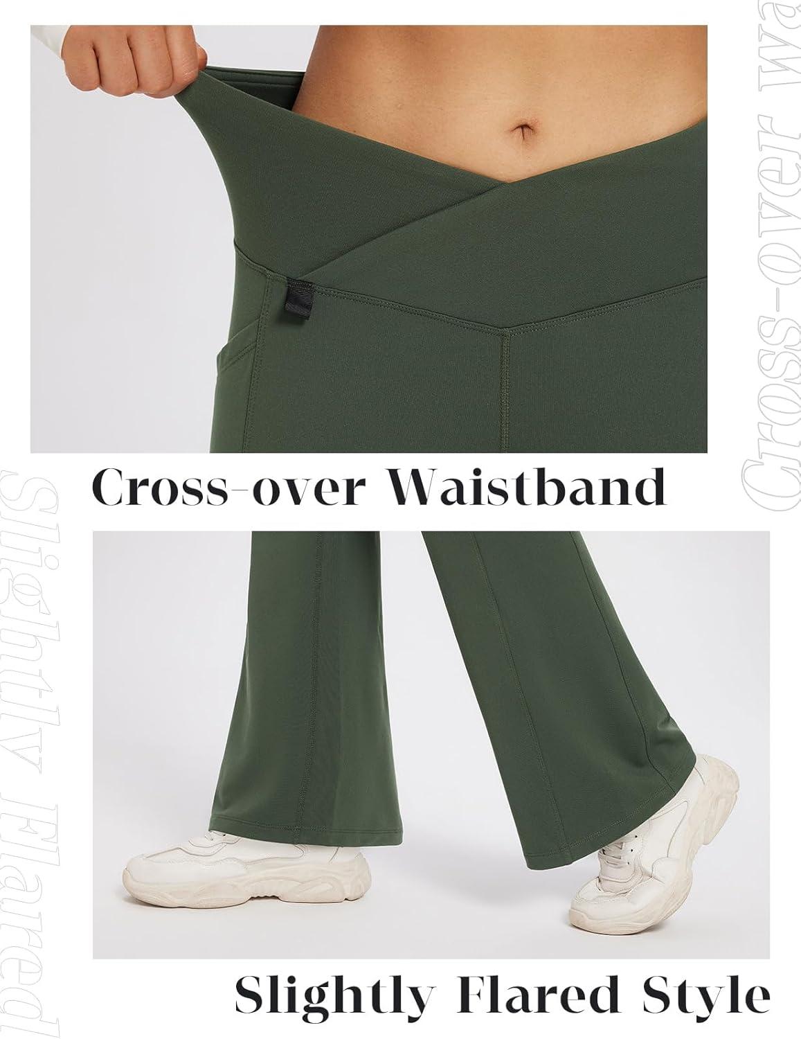 imagebaleaf Womens Fleece Lined Pants Winter Thermal Water Resistant Crossover Flare Leggings Warm Bootcut Hiking OutdoorArmy Green