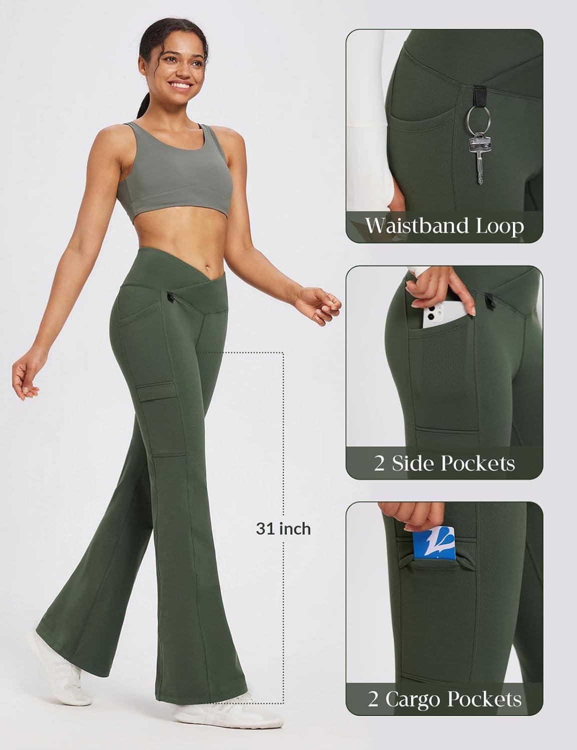 imagebaleaf Womens Fleece Lined Pants Winter Thermal Water Resistant Crossover Flare Leggings Warm Bootcut Hiking OutdoorArmy Green