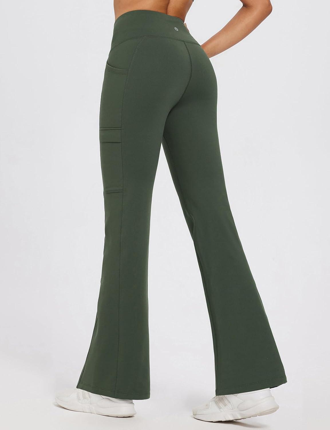 imagebaleaf Womens Fleece Lined Pants Winter Thermal Water Resistant Crossover Flare Leggings Warm Bootcut Hiking OutdoorArmy Green