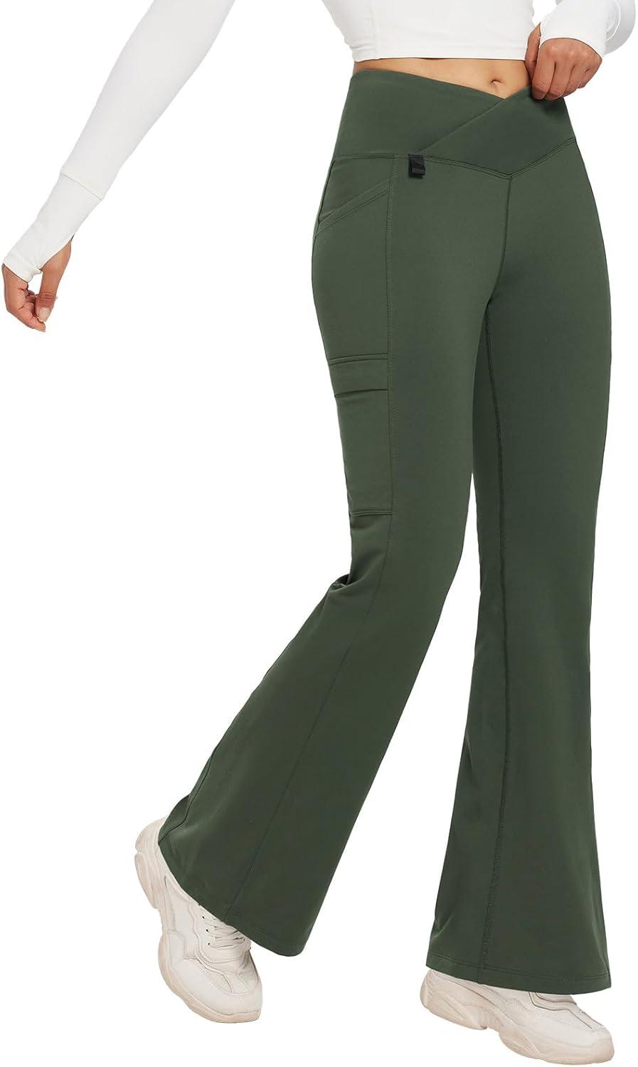 imagebaleaf Womens Fleece Lined Pants Winter Thermal Water Resistant Crossover Flare Leggings Warm Bootcut Hiking OutdoorArmy Green