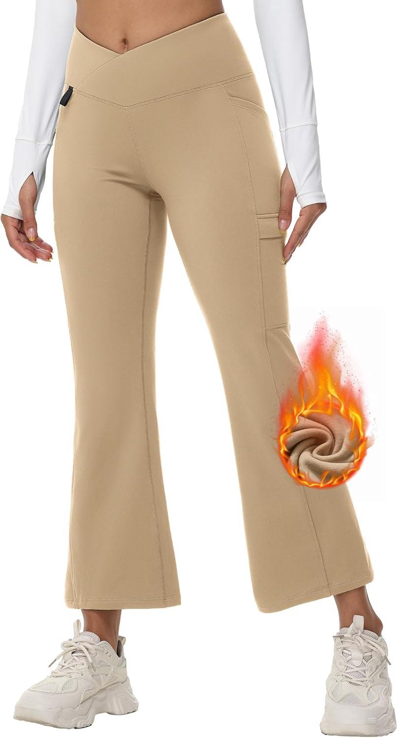 imagebaleaf Womens Fleece Lined Pants Winter Thermal Water Resistant Crossover Flare Leggings Warm Bootcut Hiking OutdoorBrown