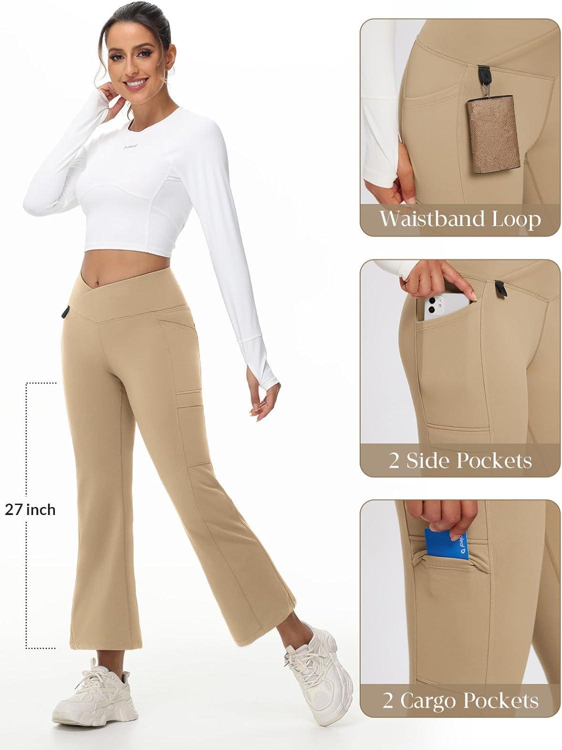 imagebaleaf Womens Fleece Lined Pants Winter Thermal Water Resistant Crossover Flare Leggings Warm Bootcut Hiking OutdoorBrown