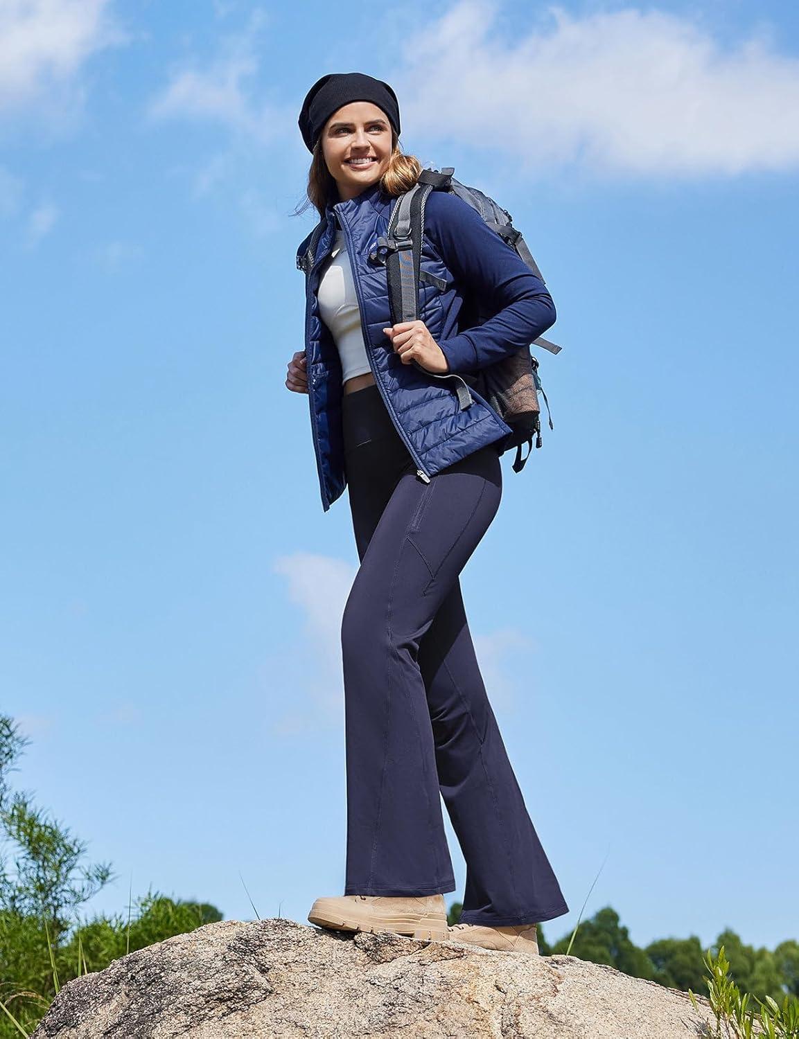 imagebaleaf Womens Fleece Lined Pants Winter Thermal Water Resistant Crossover Flare Leggings Warm Bootcut Hiking OutdoorNavy Blue