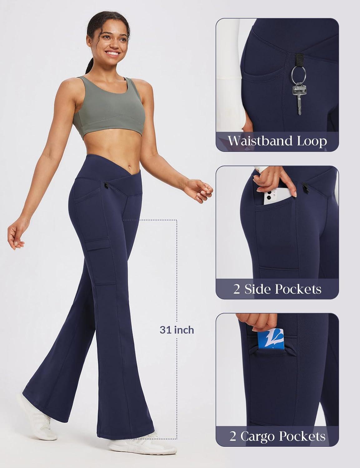 imagebaleaf Womens Fleece Lined Pants Winter Thermal Water Resistant Crossover Flare Leggings Warm Bootcut Hiking OutdoorNavy Blue