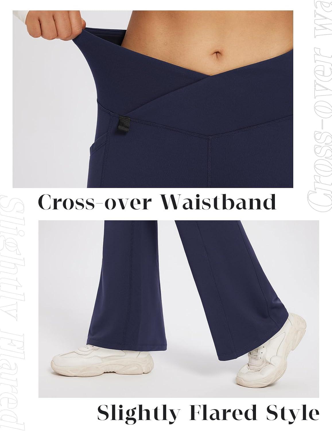 imagebaleaf Womens Fleece Lined Pants Winter Thermal Water Resistant Crossover Flare Leggings Warm Bootcut Hiking OutdoorNavy Blue