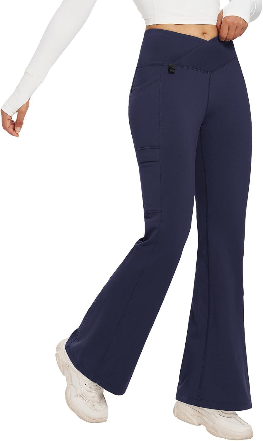 imagebaleaf Womens Fleece Lined Pants Winter Thermal Water Resistant Crossover Flare Leggings Warm Bootcut Hiking OutdoorNavy Blue