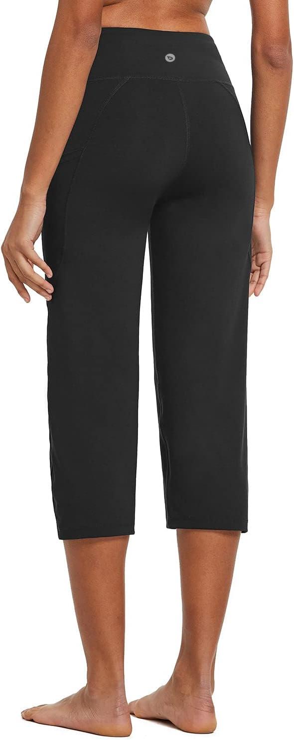 imagebaleaf Womens Yoga Capri Pants High Waist Capri Leggings with Pockets Wide Leg Crop Exercise Workout Summer PantsBlack